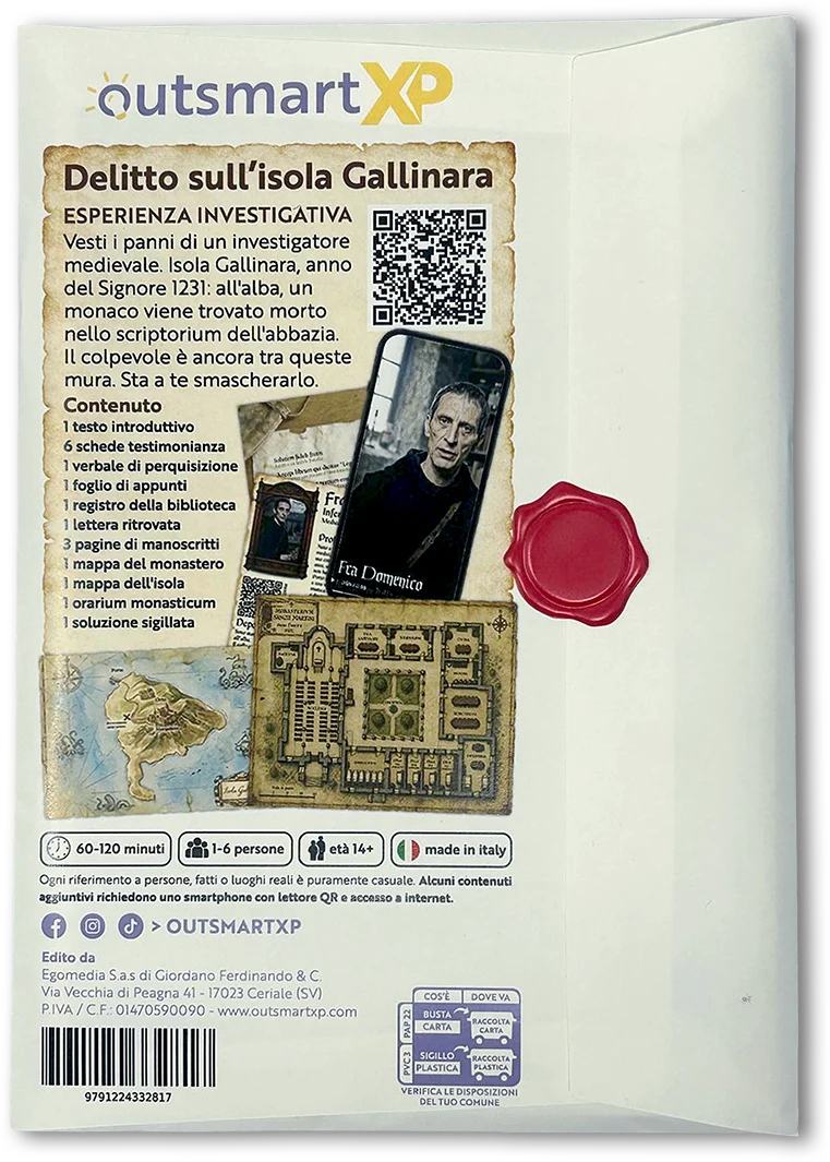 Il retro del plico chiuso con il sigillo di ceralacca rossa e l'elenco dei contenuti